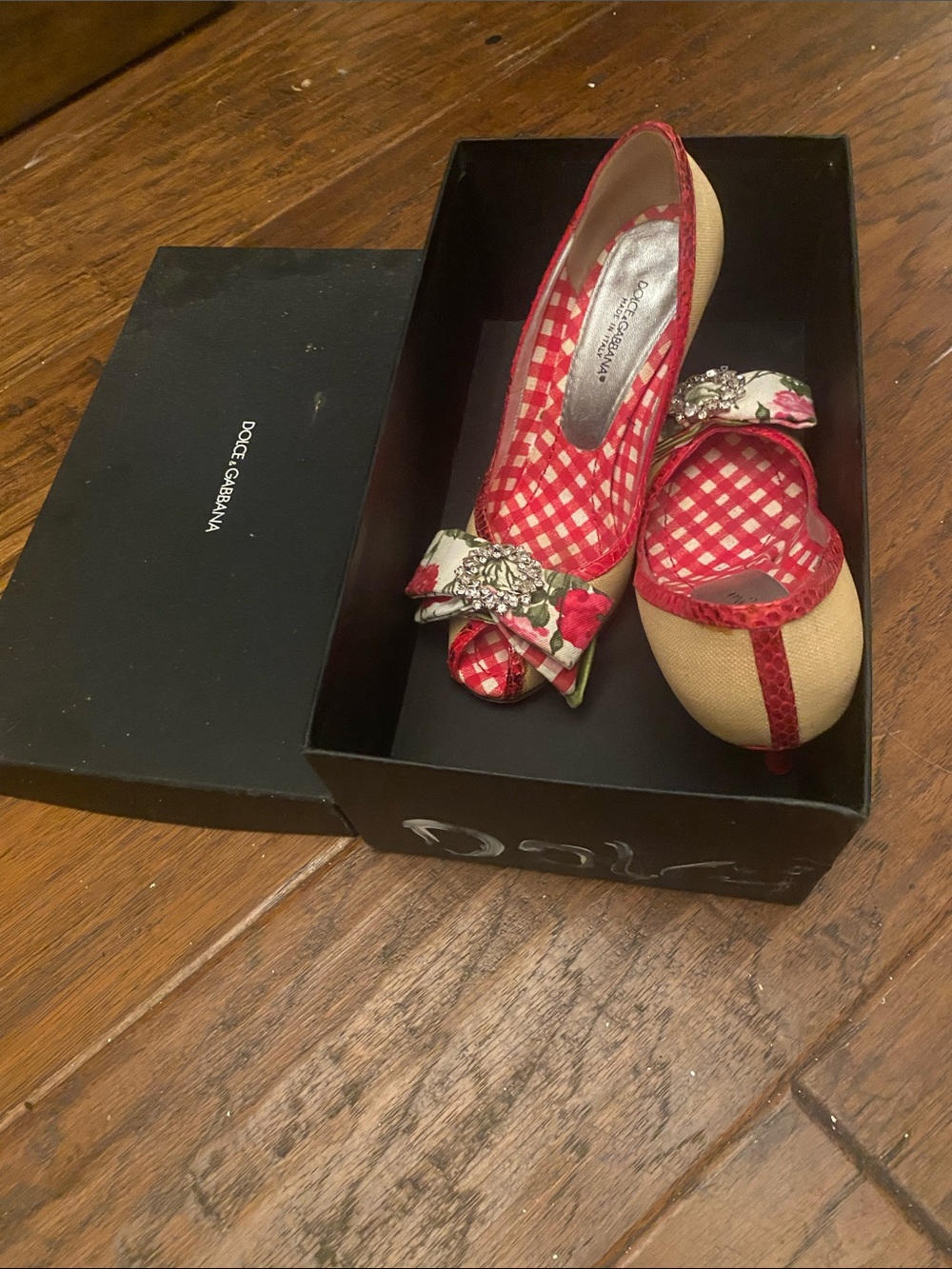 Dolce & Gabbana Red & Beige Floral Bow Peep-Toe Heels